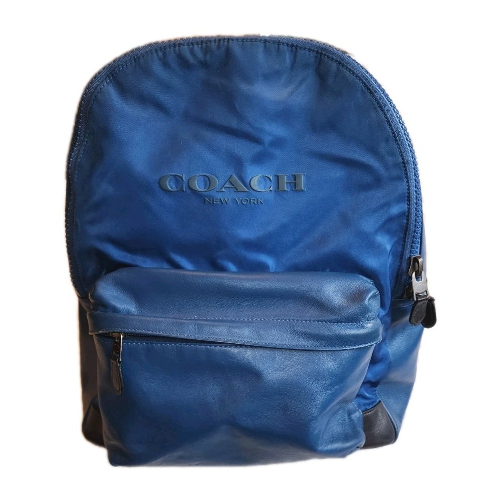 Coach Unisex Campus Backpack Blue Nylon Pebble Leather Large Zip Bag